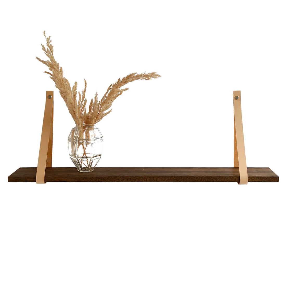 NocNoi Harre Vig væghylde røget egetræ m. natur læderstrop 50-100 cm. 50x20 cm