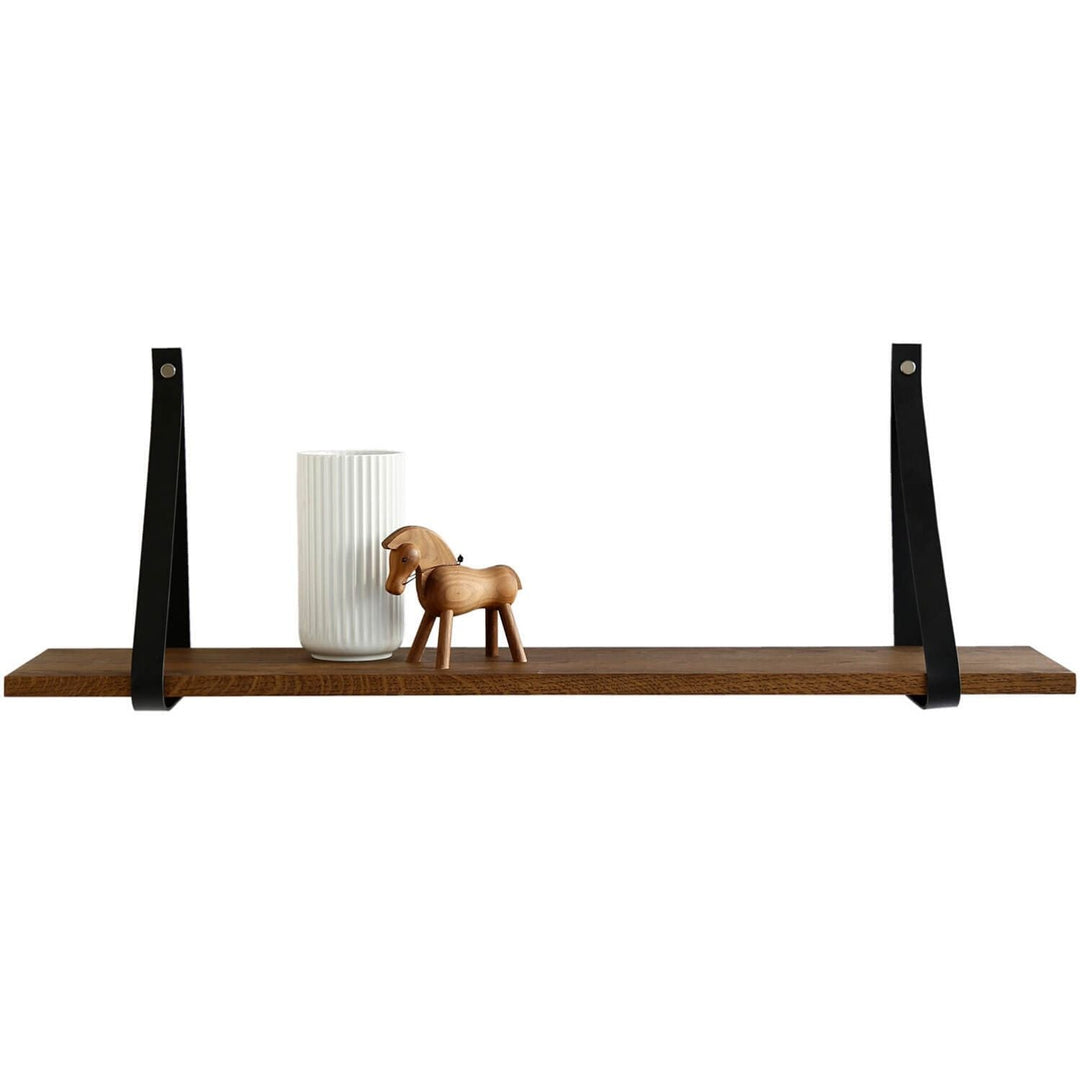NocNoi Harre Vig væghylde røget egetræ m. sort læderstrop 50-100 50x20 cm
