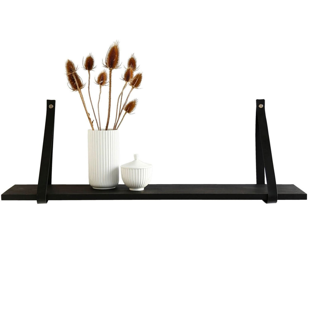 NocNoi Harre Vig væghylde sort olieret egetræ m. sort læderstrop 50-100 50x20 cm