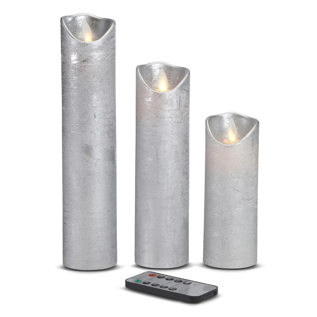 LED stearinlys 3 stk. 15/20/25 cm m/3D flamme (flere farver) Sølv