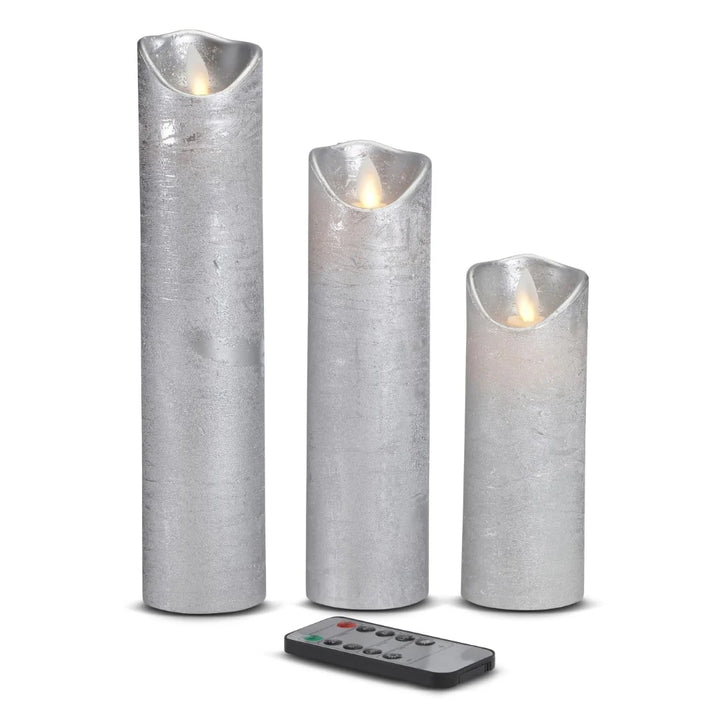 LED stearinlys 3 stk. 15/20/25 cm m/3D flamme (flere farver) Sølv