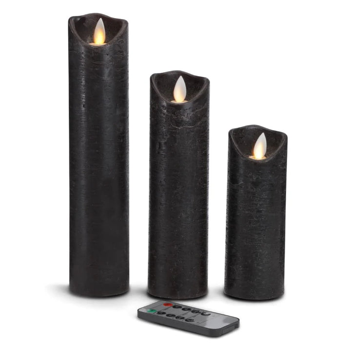 LED stearinlys 3 stk. 15/20/25 cm m/3D flamme (flere farver) Sort