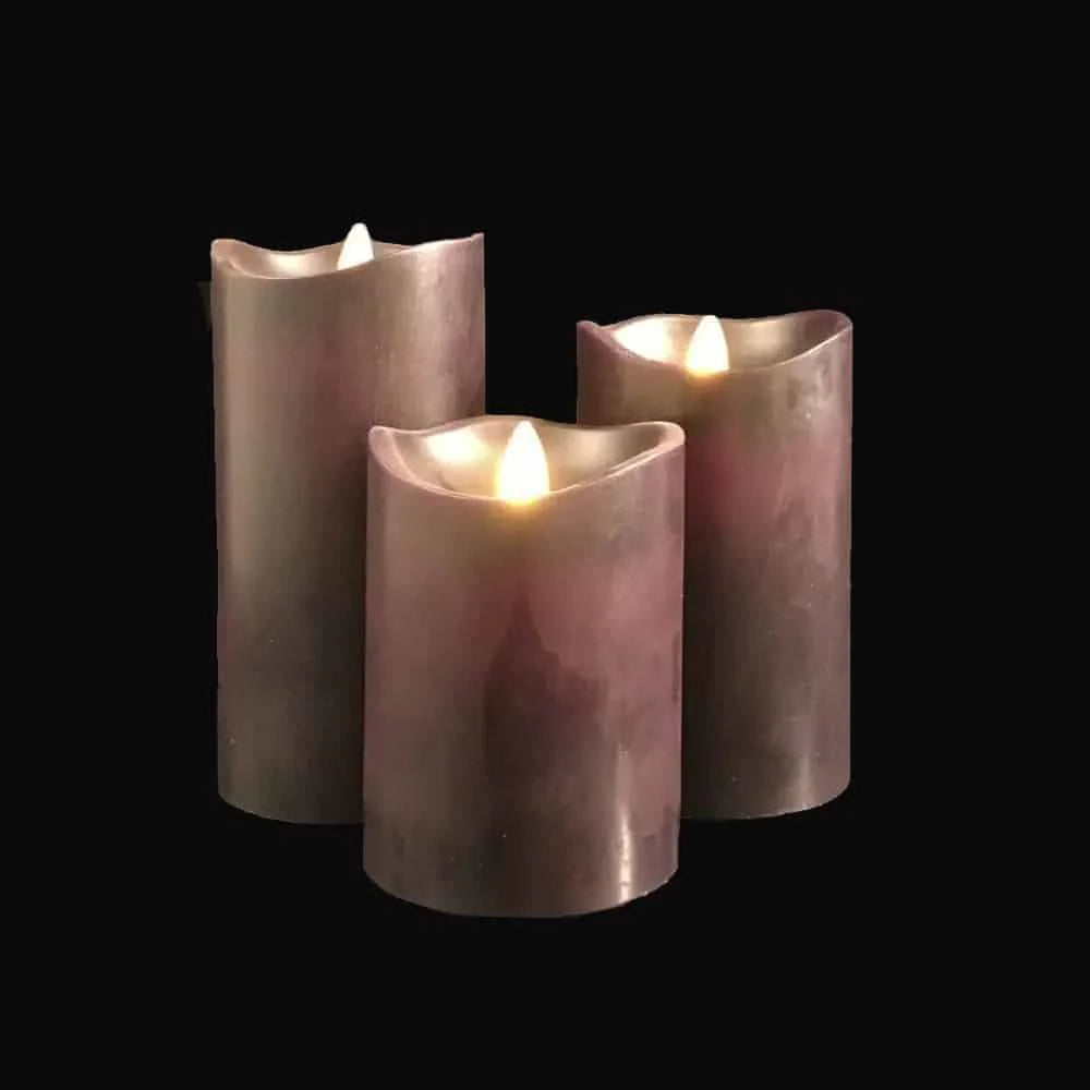 LED blok stearinlys 3 stk. 12/15/17 cm m/3D flamme (Flere farver) Sort