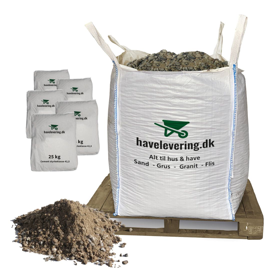 Produktbillede af 1000kg støbemix 0/8+ 125kg cement. Frit leveret i hele Danmark. på tilbud i høj kvalitet
