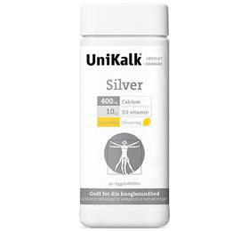 Produktbillede af UniKalk Silver tyggetabl. m. ekstra D 90 tab. på tilbud