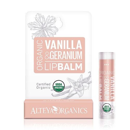 Detaljeret produktbillede af Alteya Organics Lipbalm Vanilla Geranium 4,5g. på tilbud