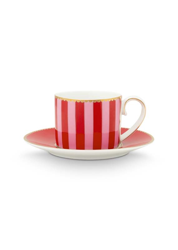 Produktbillede af Espresso Cup & Saucer Love Birds Stripes Red-Pink 125ml på tilbud i høj kvalitet