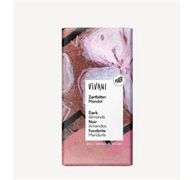 Detaljeret produktbillede af Vivani økologisk mørk chokolade med hele mandler. 80g. på tilbud