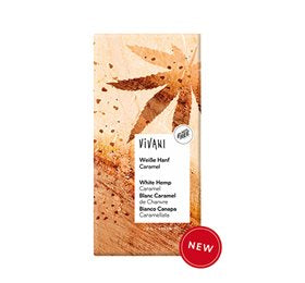 Detaljeret produktbillede af Vivani hvid chokolade Ø med karamelliseret hamp 80g. på tilbud