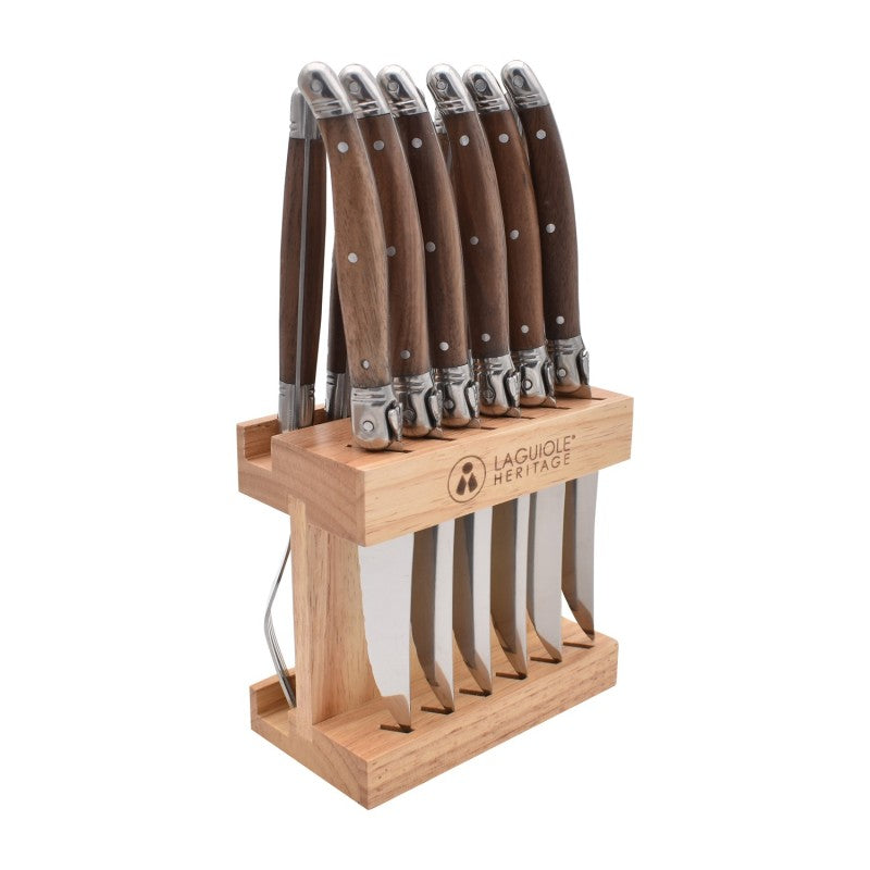 Produktbillede af Laguiole Heritage Gaffel & Kniv Sæt i Valnød 12 stk i holder i premium kvalitet