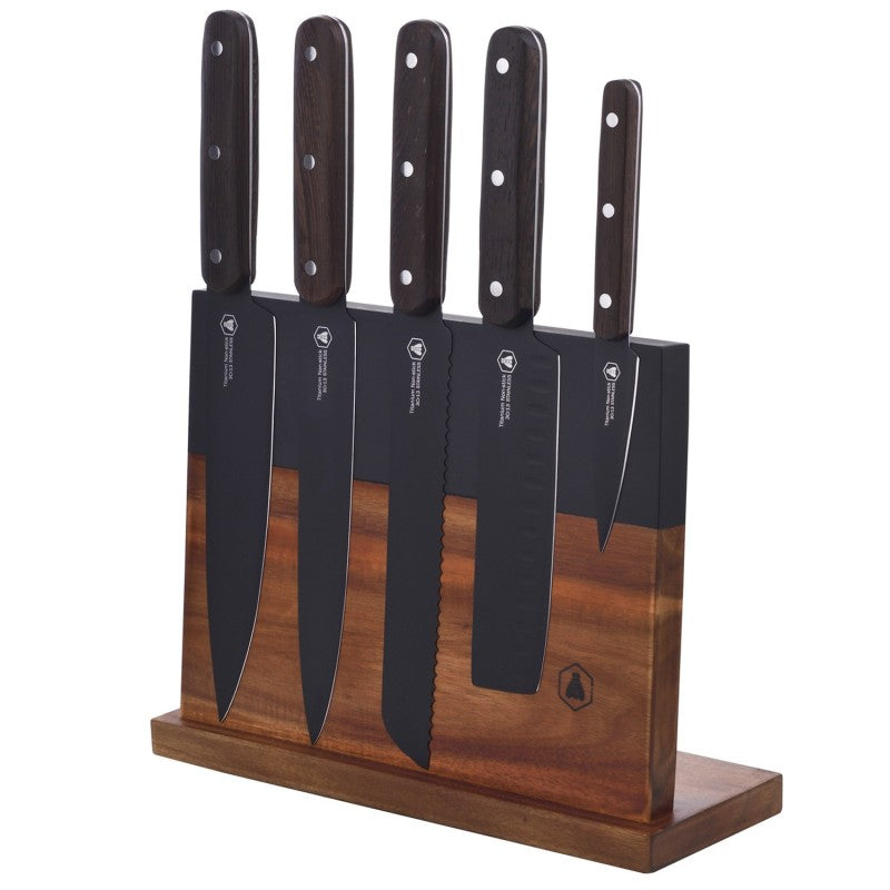 Produktbillede af Laguiole Køkkenknive sort/Wenge 5 knive med magnetisk knivblok i premium kvalitet
