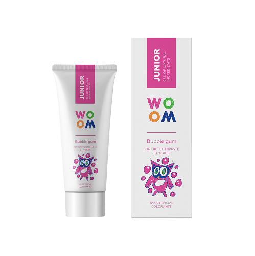 Detaljeret produktbillede af WOOM JUNIOR Børnetandpasta med Bubblegum Smag 6 år + 50 ml. på tilbud