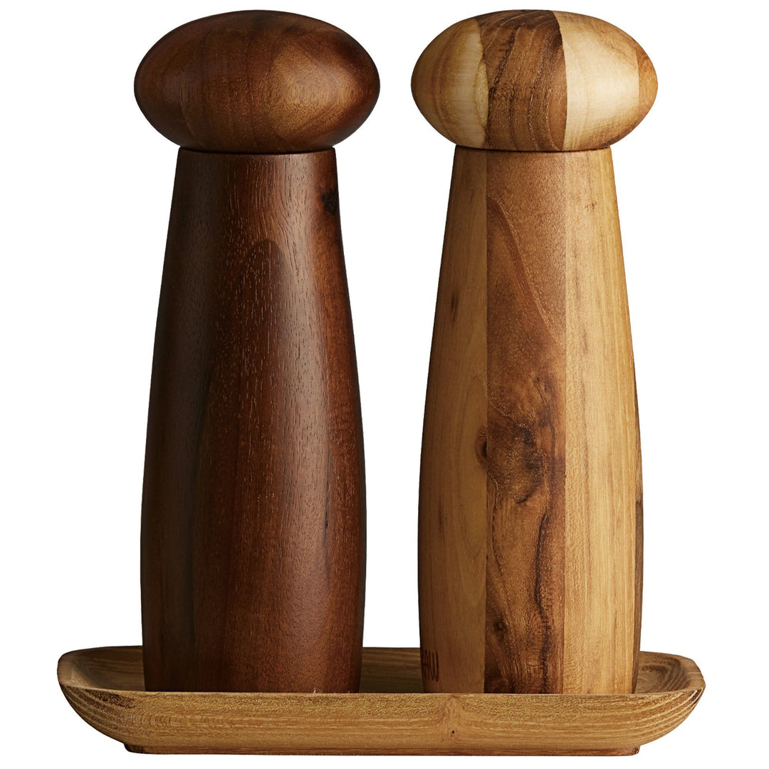 Aida Aida Raw kværnsæt + bakke, teak/mørkt træ ❤ produktbillede (Sæt med krydderkværne)