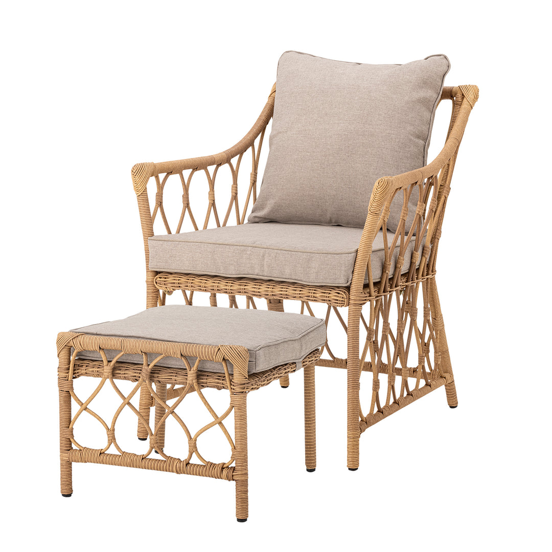 BLOOMINGVILLE Belluce udendørs loungestol m. taburet armlæn og hynder natur polyrattan