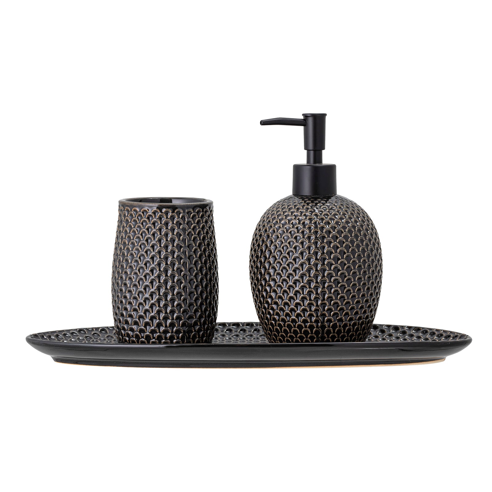 Produktbillede af BLOOMINGVILLE Hrin Sæbedispenser Sæt Grå Stentøj sæt af 3 T:L34xW13/D:D10xH17,5/C:D8xH11 cm i premium kvalitet