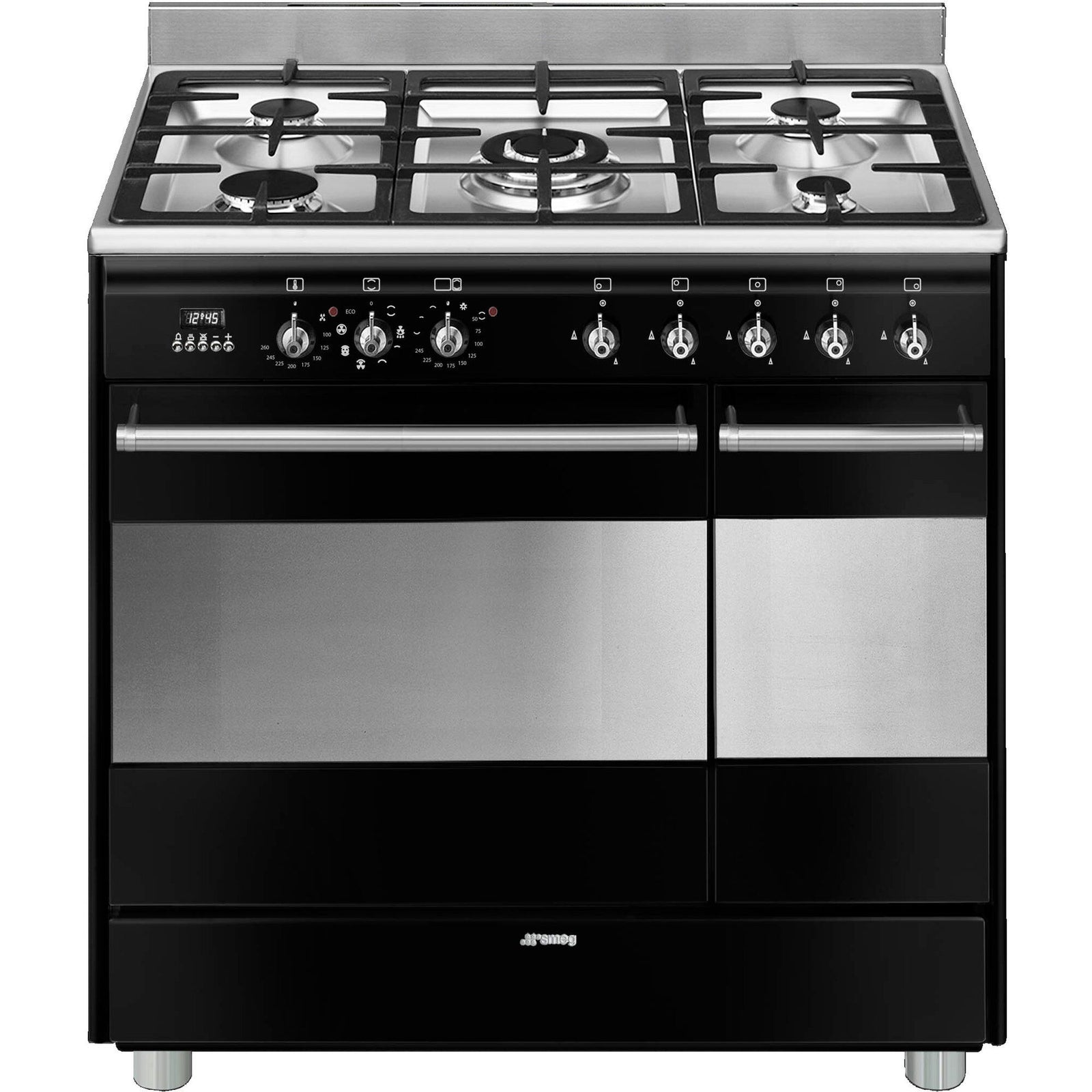 Smeg Smeg SCB92MN8 Gaskomfur med dobbeltovn, 90 cm, sort – produktbillede (Gasblus)